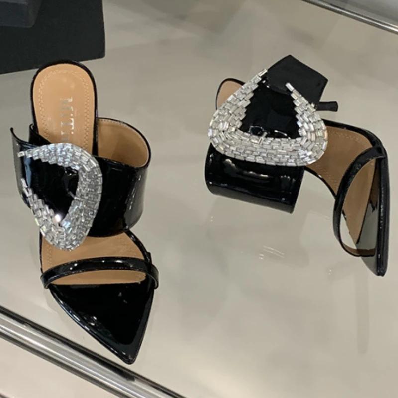 Fashion Higher Quality Crystal Buckle High Heels Summer Sexy Pointed Toe Thin Heel Slide Sandals Elegant Open Toe Wedding Bridal Shoes