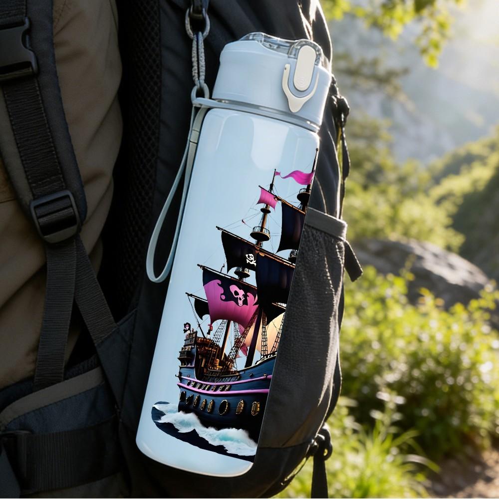 1PC Ancient Sailing Ship Pattern 750ml Color Plastic Sports Water Bottle Leakproof Flip Straw Lid Suitable for Sports Office Home Use