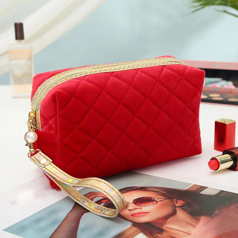 New Velvet Women's Cosmetic Bags Clutch Handbag Portable Zipper Travel Phone Storage Bags Vintage Makeup Bag for Girl