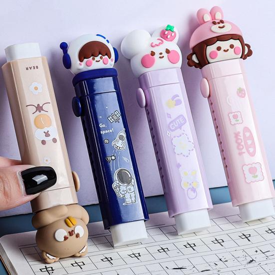 1 Set Pencil Eraser Replaceable Core Autolock Period Wipe Clean Rubber Kids Cartoon Girl Retractable Eraser with Push-puller Office Accessories