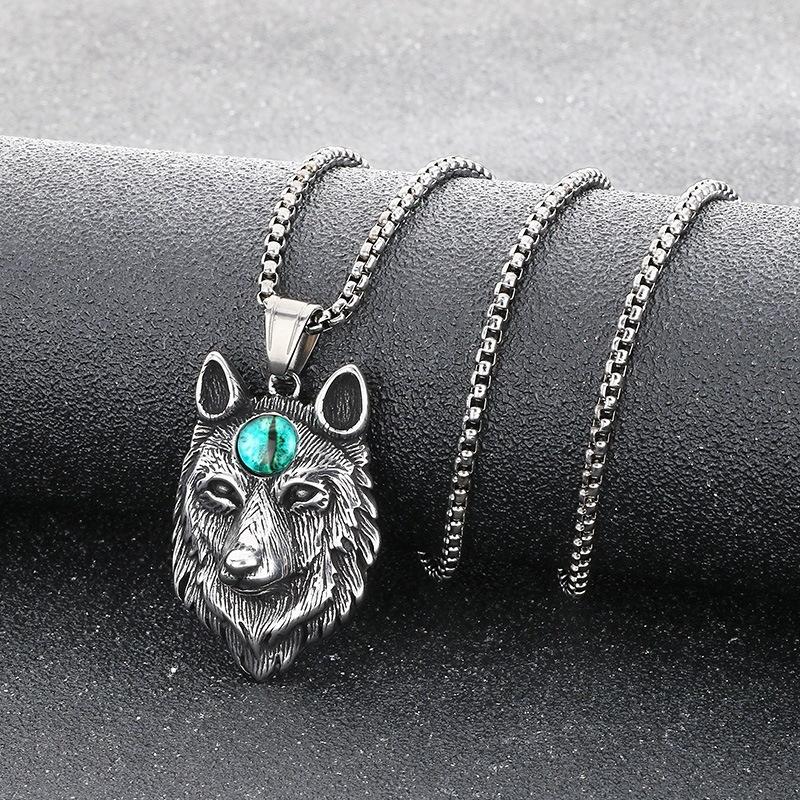 Hongtu Jewelry Cat's Eye Stone Wolf Head Pendant Punk Style Old Wolf Totem Wolf Head Trendy Men's Necklace