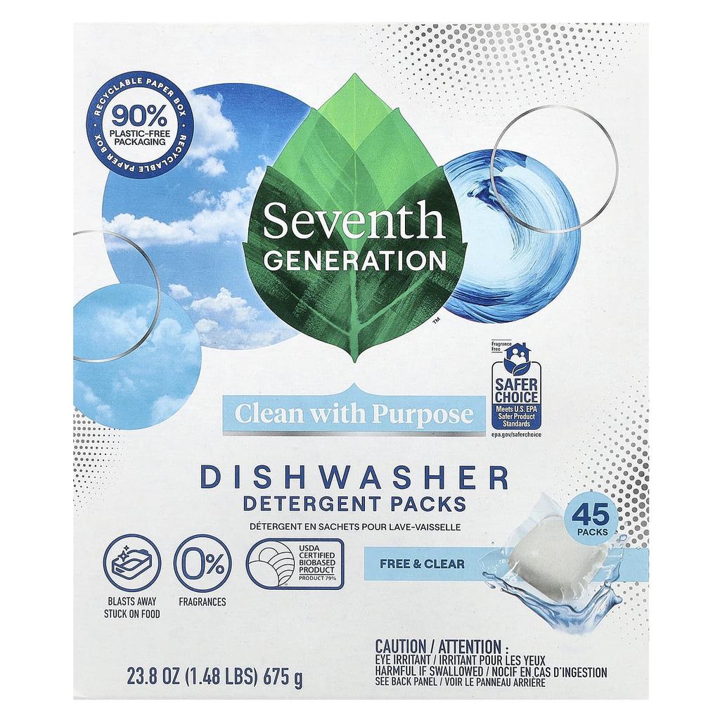 Dishwasher Detergent Pack, Free & Clear, 45 Pack, 675G(23.8Oz)