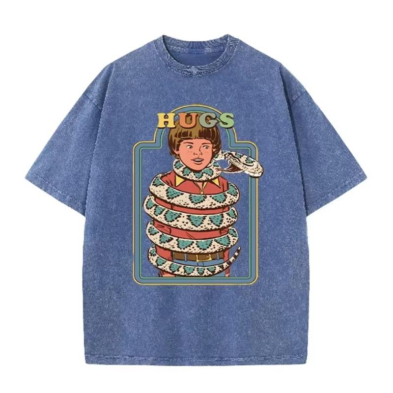 Vintage "Hugs" Snake Boy Print Washed Brown Retro Funny Casual T Shirt