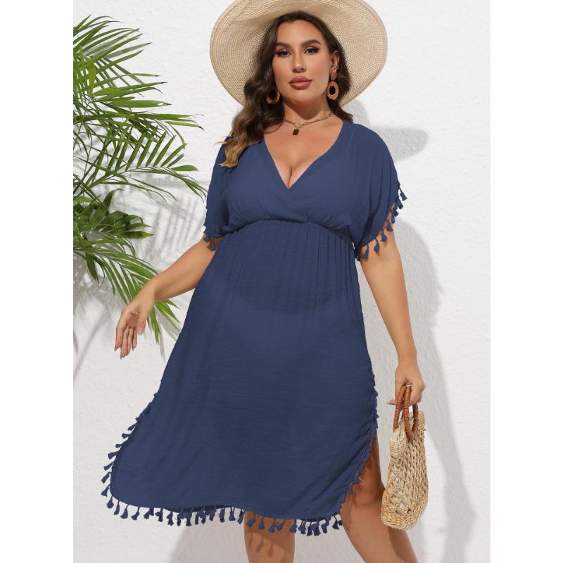 Plus Size Women's Beach Dress Holiday Bikini Cover-up Tassel Splicing Deep V Waist Dresses