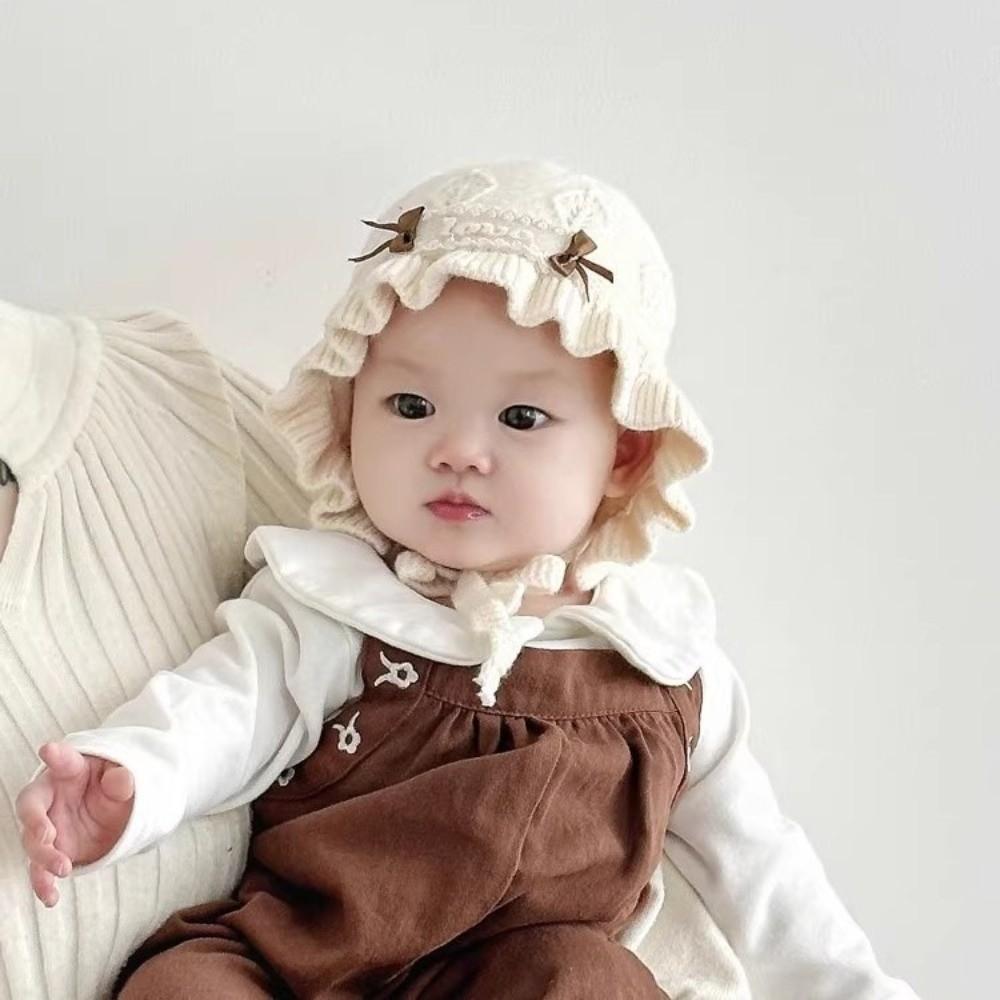 Ruffle Design Newborn Infant Hat Bow Detail Princess Bonnet Hat Soft Warm Hat  For Baby Girls