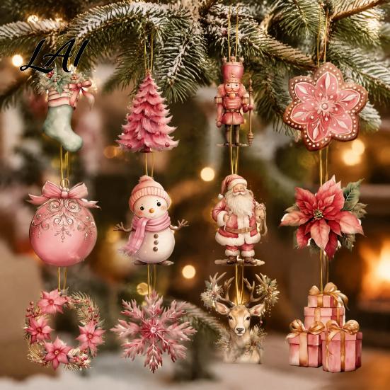 Christmas Souvenir Gifts 12/24/36Pcs Pink Wooden Ornaments Set Snowman Santa Hanging Winter Holiday Decorations Decors Xtmas Hanigings with
