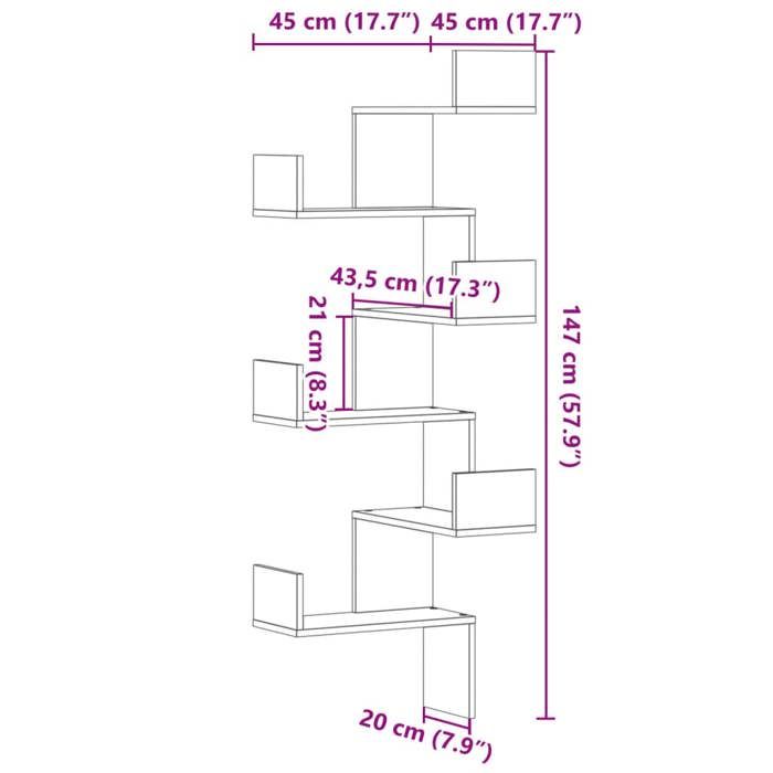 VidaXL Étagère d'angle murale chêne marron 45x45x147cm bois ingénierie, étagère d'angle, étagère suspendue, étagère murale 852642