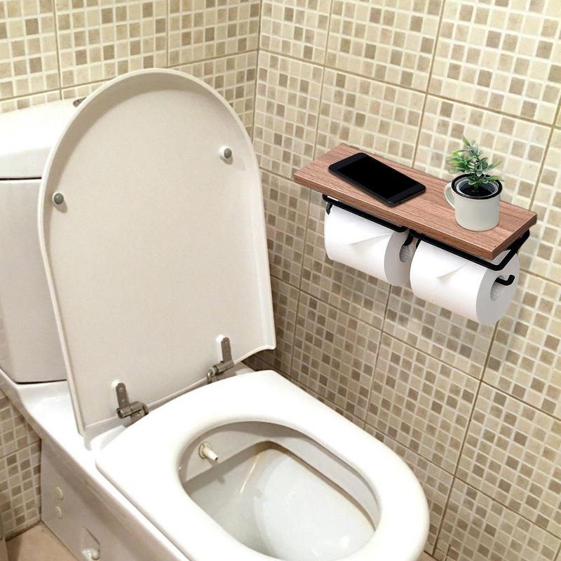 Bathroom Toilet Paper Holder Wall Mount Toilet Tissue Roll Holder with Phone Shelf Matte Black Paper Dispenser for Bathroom