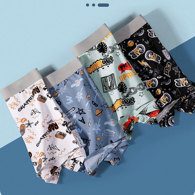 4pcs Men's Underwear Men's Tacky Boys Teenagers' Printed Four Cornered Underwear Shorts Boxer Brief