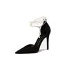 New pointed stiletto high heels women's black suede one-word buckle sandals pearl high heels women's shoes