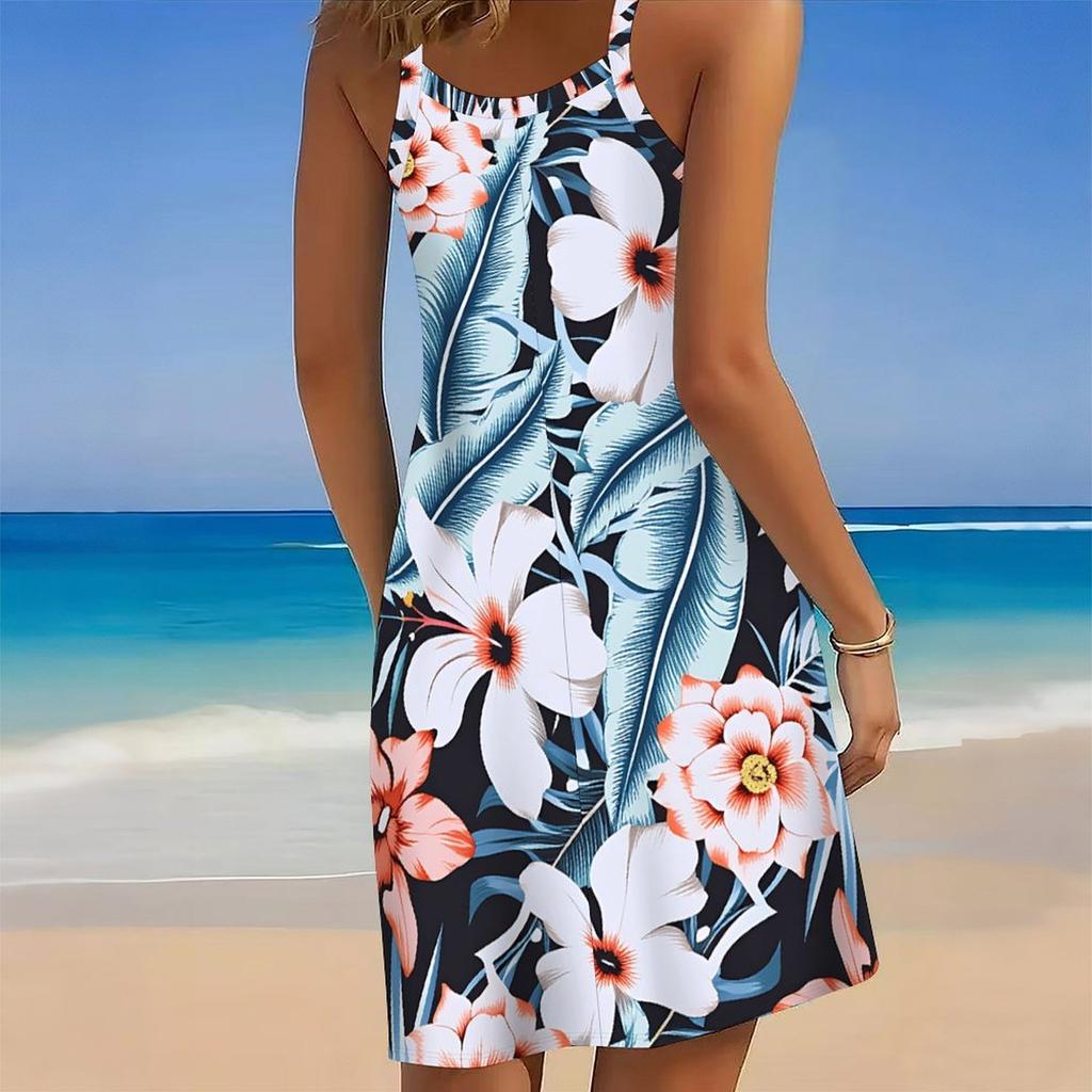Women Plus Size Sleeveless Round Neck Dress Tropical Banana Leaf White Flower Print Irregular Hem Loose Beach Dress
