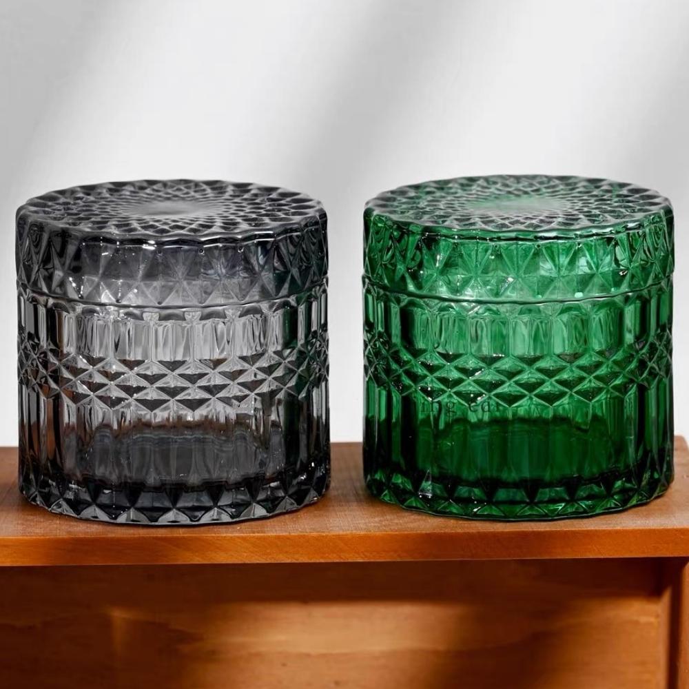 Multicolor Crystal Glass Storage Jar,Candy Glass Jar with Lid Aromatherapy Candlestick Container Home Dressing Table Decoration