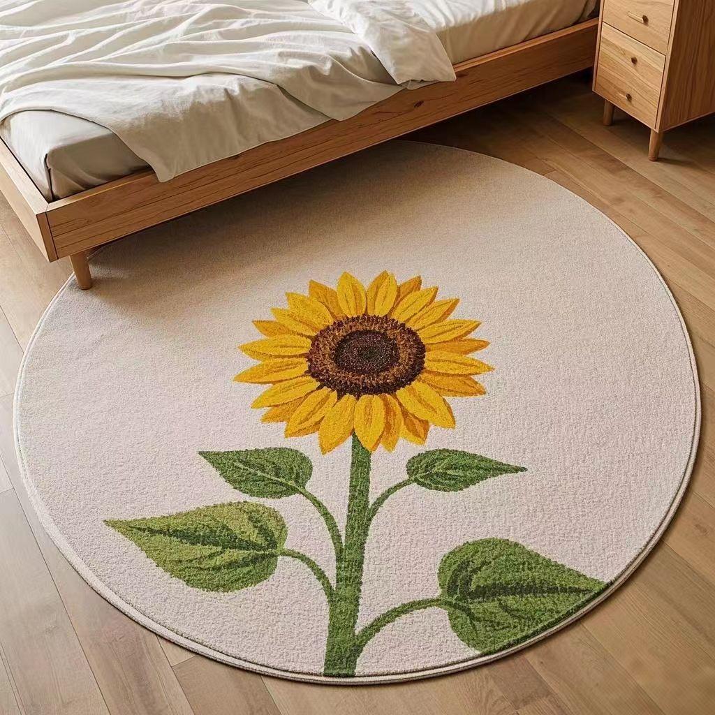 Sunflower Pattern Bedroom Decor Round Carpet Thick Plush Carpets for Living Room Fluffy Soft Bedside Rug Home Washable Floor Mat