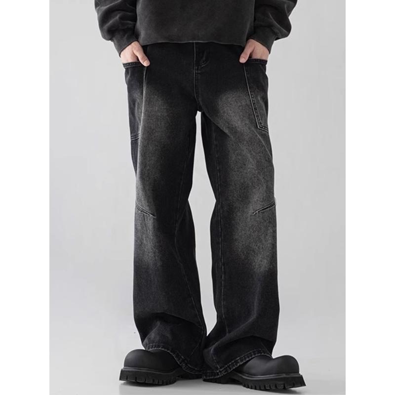 Spring Men's Vintage Multi-Pocket Cargo Jeans Vintage Distressed Baggy Denim Pants High Street Straight Wide Leg Jean