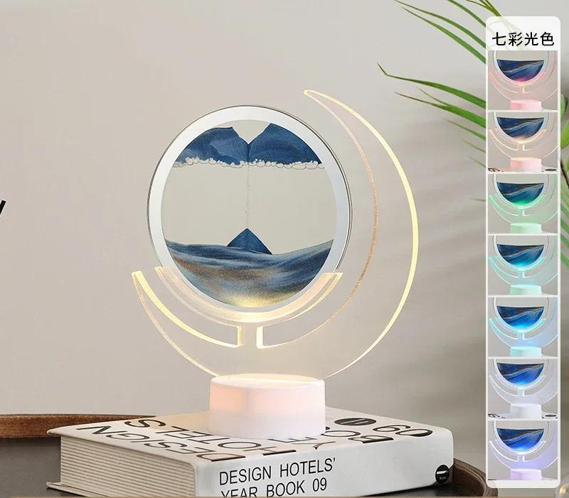 3D Sandscape Moving Sand Art Picture Table Lamp with 7 Colors Quicksand Liquid Hourglass Flowing Sand Painting Home Decor Gifts