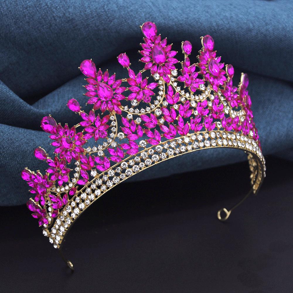 Luxury Rose Red Crystal Tiaras and Crowns for Bride Wedding Crown Headdress Princess Queen Birthday Prom Hair Jewelry Pageant