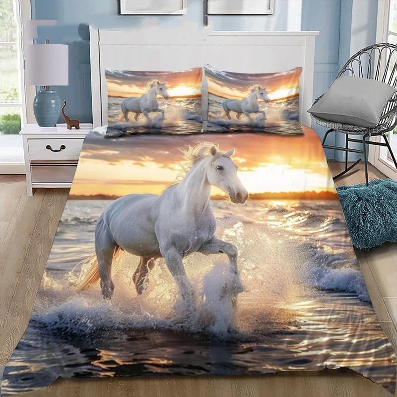 Magical Running Horses Starry Grassland Print Duvet Cover Set Wildlife Animal Bedding Bedroom Decor with Zipper Pillowcase