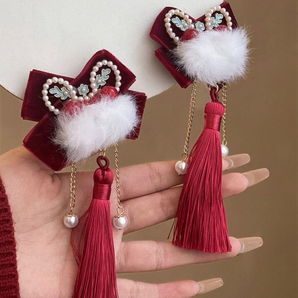 Plush Lion Dance Hairpin Cloth Hanfu Hair Clip Sweet Red Velvet Bow Hairpin  Girls