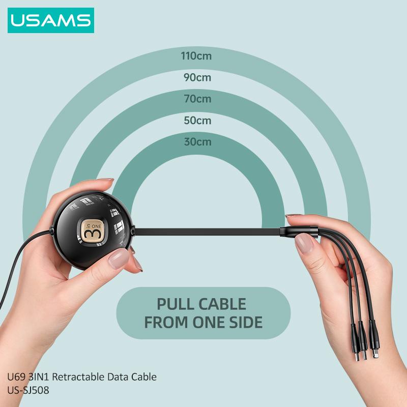 USAMS 1M 3 In 1 USB Charge Cable for iPhone Micro USB Type CData Cable Retractable Design Phone Usb Cables Phone Accessories