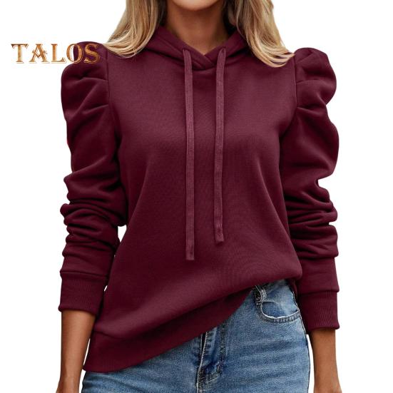 

Осень-весна женская толстовка свободная однотонная накладным карманом с длинными рукавами и складками на рукавах толстый теплый пуловер повседневная повседневная одежда топ L вино красного