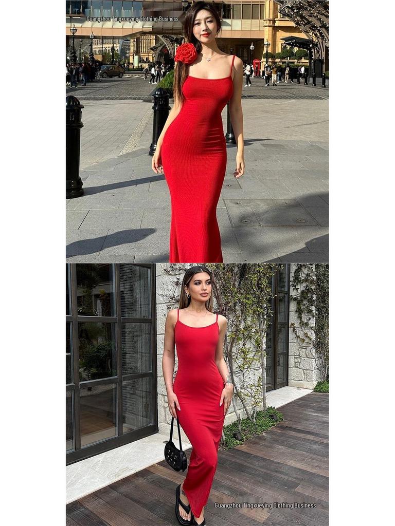 Women's Summer Sleeveless High-Waist Slim Fit Spaghetti Strap Maxi Dress