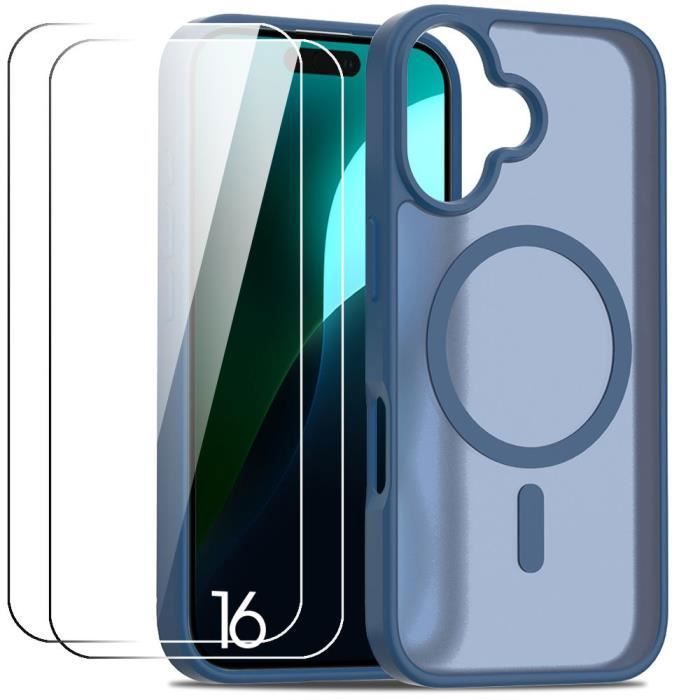 Coque de protection - BOOLING - iPhone 16 - Hybride - 2 Verres Trempés - Bleu Marine