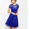 Elegant Blue Lace Trim Round Neck Short Sleeve Dress