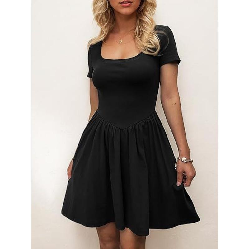 Solid Color Square Neck Short Sleeve Pleated Casual Mini Dress
