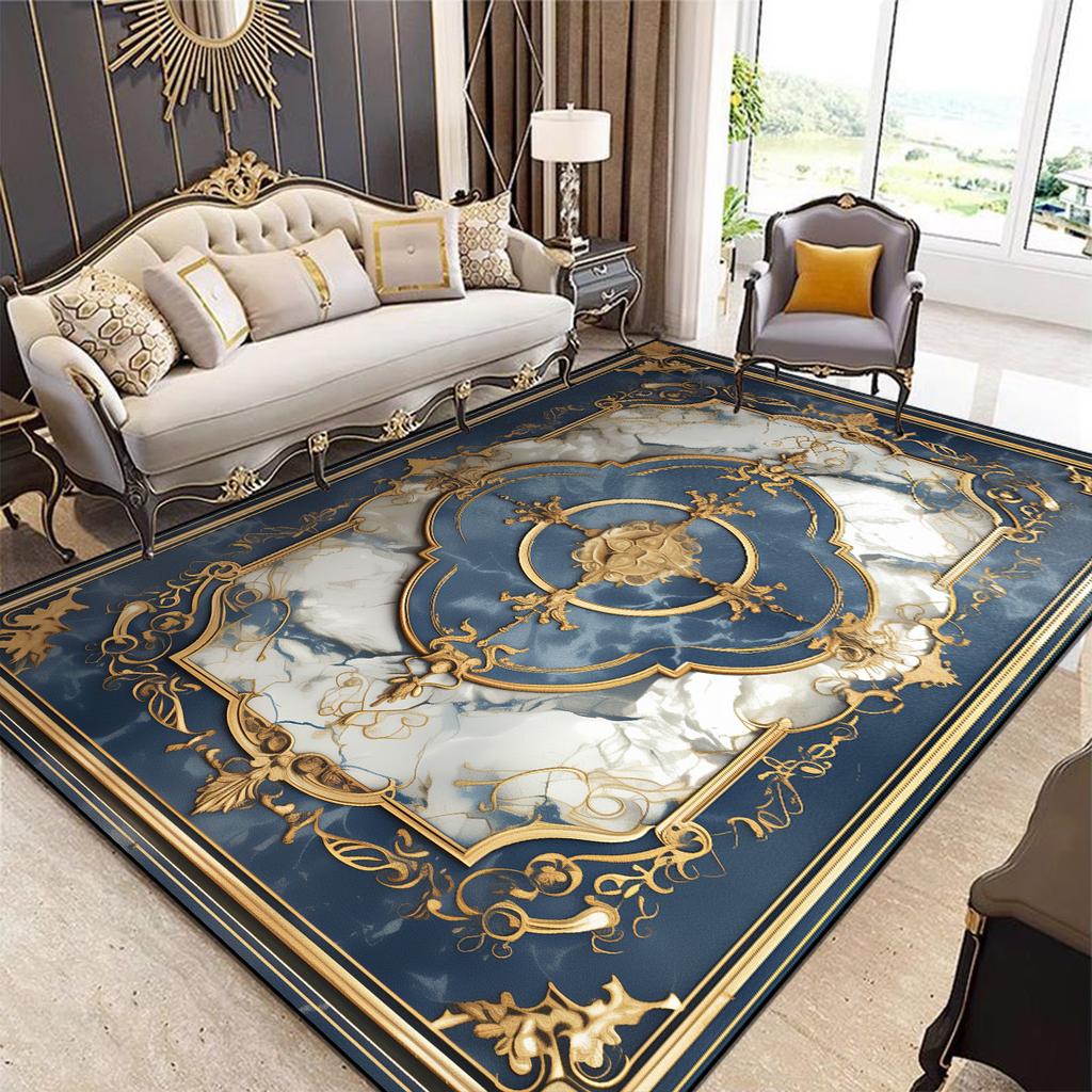 Luxusní evropský dekorativní koberec pro obývací pokoj modrý vykládaný zlatem velký rozměr sálový koberec protiskluzový pratelný podložka pro dekoraci ložnice