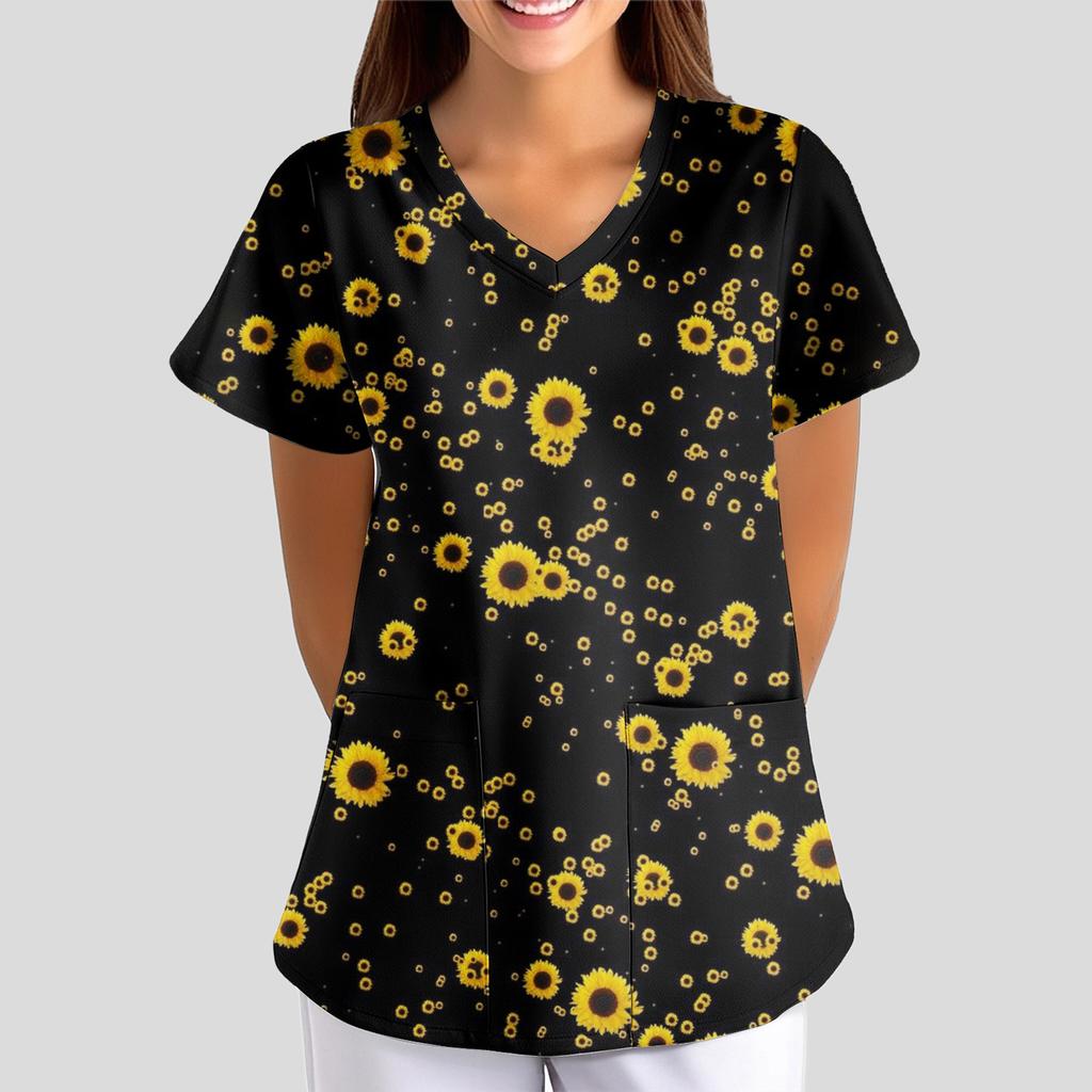 Women's Floral Print Loose V-neck Short-sleeved Uniform/ Uniform