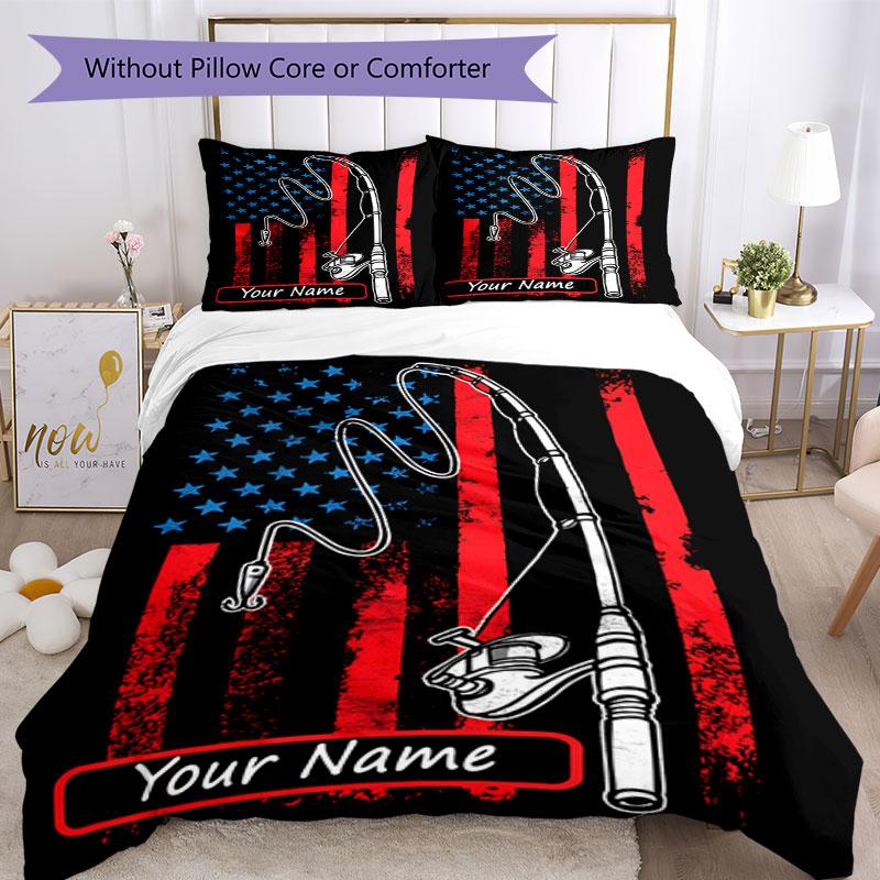 3PC Custom Name Rod American Flag Bedding Set Duvet Cover Closure Includes 1 Duvet Cover & 2 Pillowcases for Bedroom