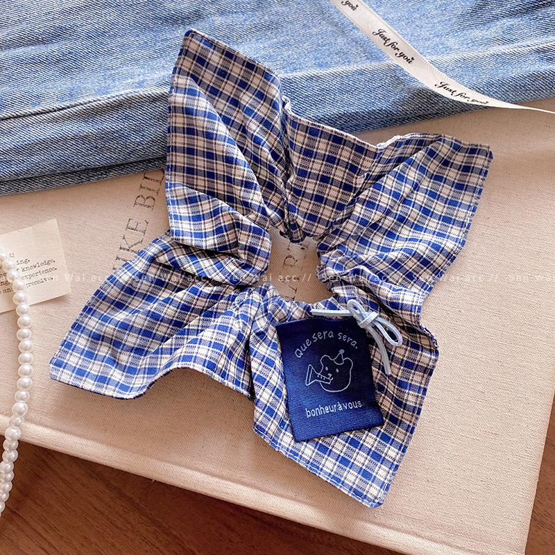 Retro style small fresh blue plaid square scarf hair band female cute bear ribbon bow fabric hair accessories