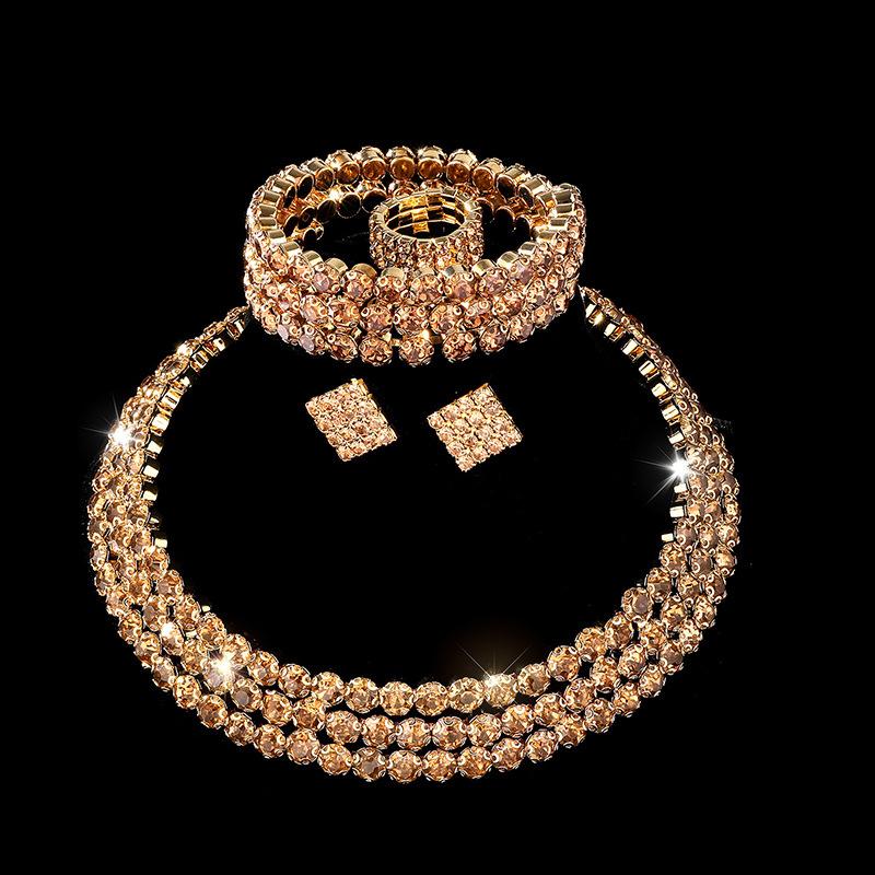 Diamond Necklace Earrings Ring Bracelet Four-Piece Set, Bridal Rhinestone Jewelry Set Ornament