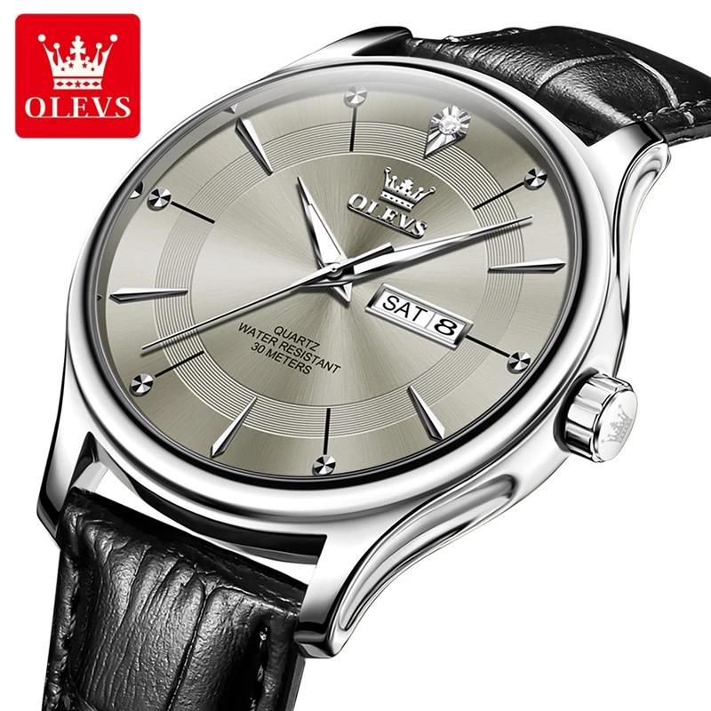 OLEVS Brand Fashion Quartz Watch Men Leather Strap Waterproof Luminous Week Date Business Mens Watches