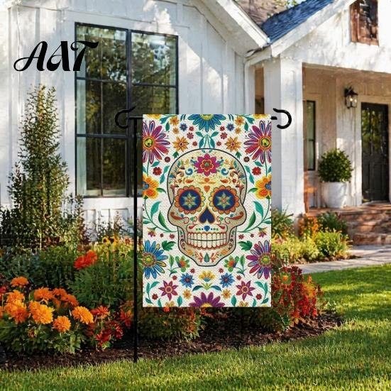 Bandiere da Giardino Giorno dei Morti, 12x18 Pollici Teschio Floreale Segni Decorativi per Cortile Scheletro Gotico Messicano Fiori Scheletrici Stendardo in Juta Double-Sided per Patio,