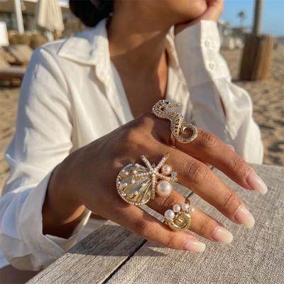 Ocean Style Starfish Seahorse Conch Shell Imitation Pearl Ring 3-Piece Set Creative Exaggerated Beach Vacation Style Ring