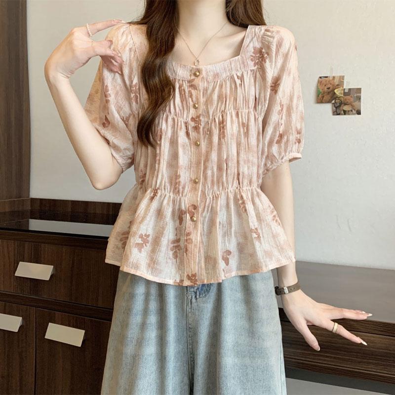 

Сладкая блузка с принтом «Сломанные цветы», лето, новая, элегантный квадратный вырез, шикарная сборка, винтажные рубашки с коротким рукавом M розовый