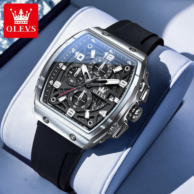 OLEVS Mens Watch Fashion Silicone Strap Tonneau Chronograph Quartz Watch Waterproof Luminous Sports Date Watches Gifts