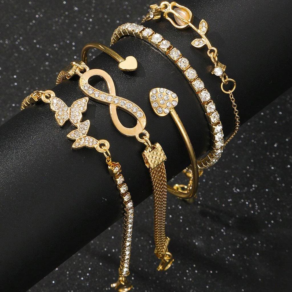 17KM 5pcs Exquisite Butterfly Bracelet Set For Women Vintage Rhinestone Heart Infinity Cuff Bangle Daily Wear Jewelry Gift