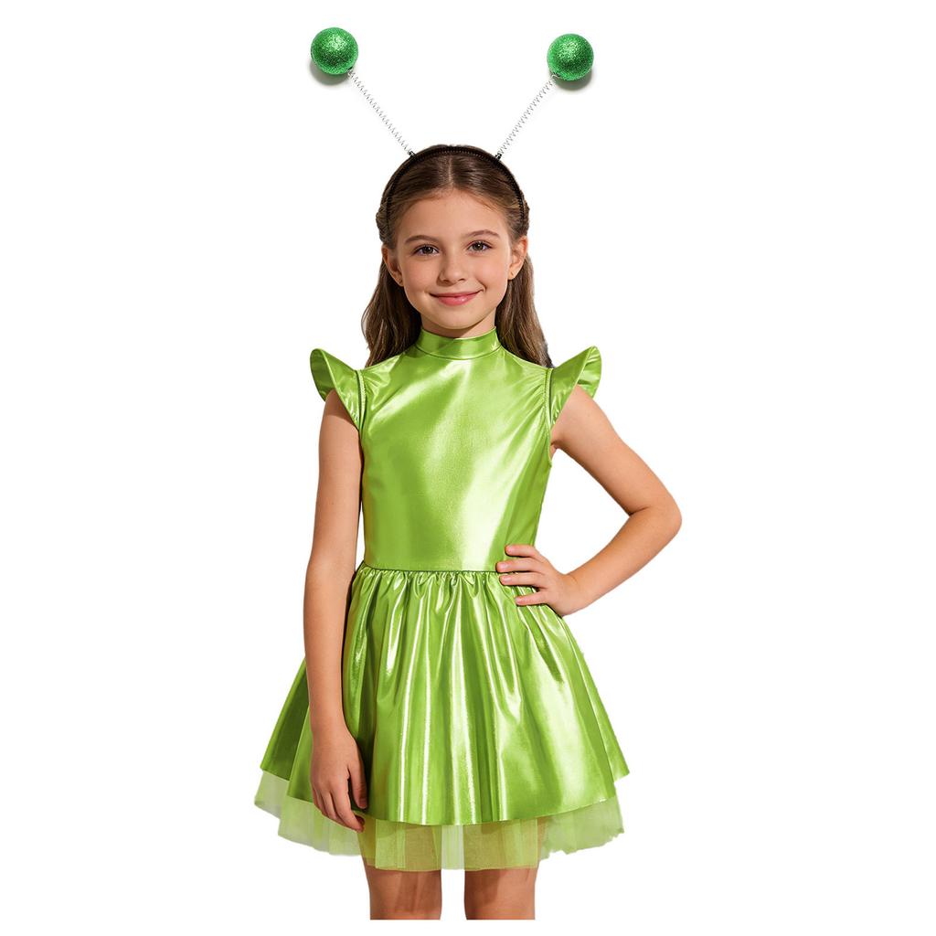 Girls Stage Performance Alien Costume Set: Glossy Mock Neck Dress with Ruffled Tutu & Flying Sleeves, Complete with Hair Hoop