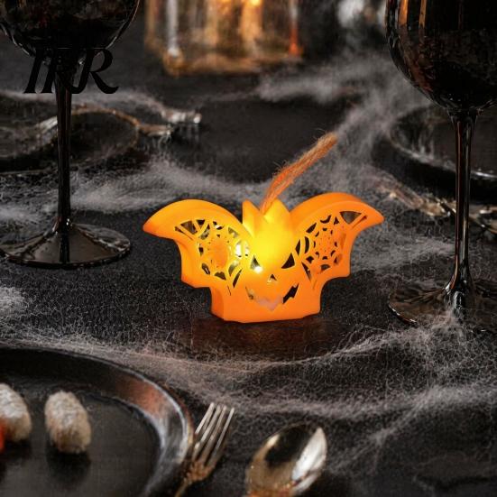 Detailed Halloween Figurine Light Witch Hat Pumpkin Lamp, Bat Skull Hollow LED Night Unique Ornament Lamp for Party, Spooky Tabletop Decor Haunted