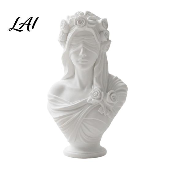 Elegant Retro Sculpture Decor 3D Printed Blindfolded Lady Bust Sculpture White Flower Veil Sculpted Rose Crown Statues Female Statue Artistic