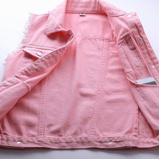 Lapel Sleeveless Single Breasted Flap Pockets Women Waistcoat Candy Color Ripped Holes Denim Vest Coat Streetwear