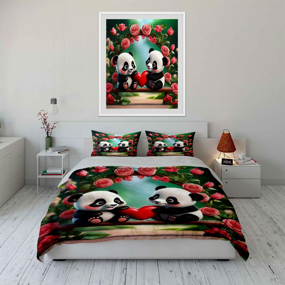 Romantic Panda Gift Set Decor Soft Comfortable Duvet Cover Bedding Set Included 1*Duvet Cover & 2*Pillowcases, Gift