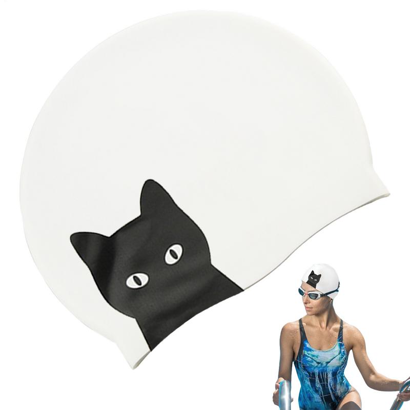 Silikon-Badekappe mit Katzenmuster, wasserdicht, mit Blumenmuster, Ohrenschutz, für langes Haar, für erwachsene Frauen