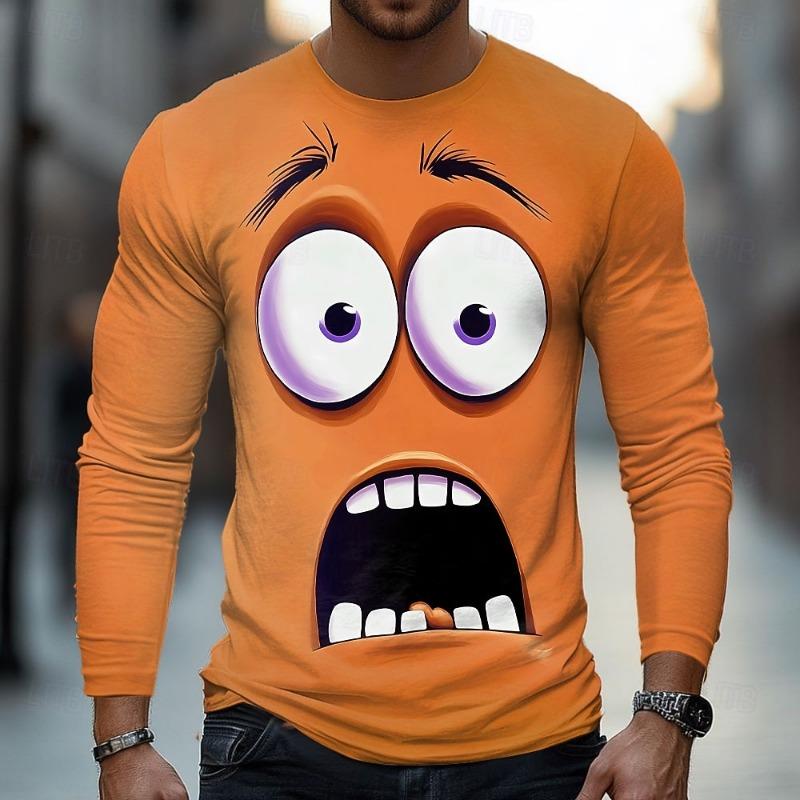 2025 Fall Winter 3D Funny Emotes Printed Men's Crew Neck Long Sleeve T-Shirts For Men Streetwear Casual Tops Funny Apparel