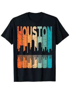 Distressed Houston Skyline Graphic Tee Urban Streetwear T Holiday Shoppers Streetwear Fashion Cartoon Print Breathable Material Round Neck Top Holiday