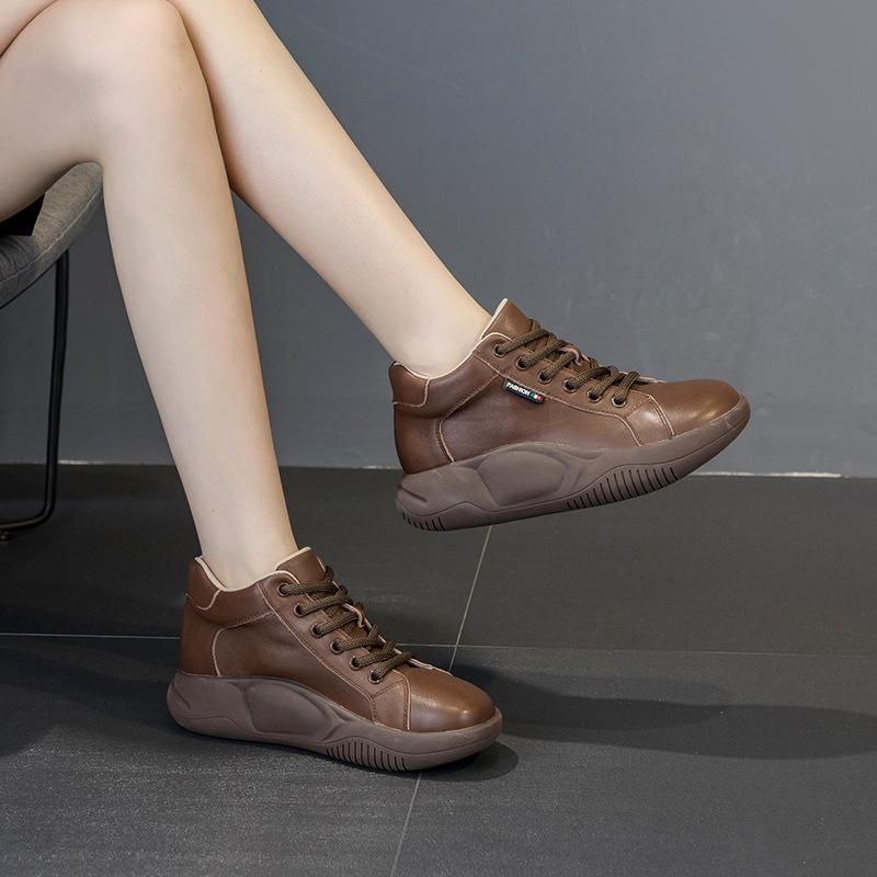 High top single shoe women's 2026 Spring and Autumn new style thick soled women's casual shoes genuine leather women's shoes