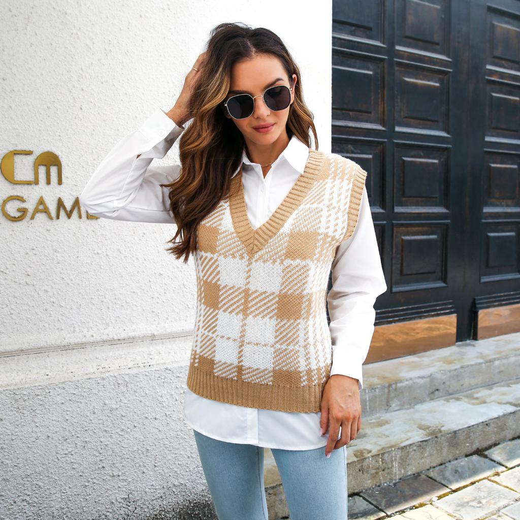 QICED Női divat alkalmi kockás mintás őszi téli ujjatlan V-nyakú kötött mellények
