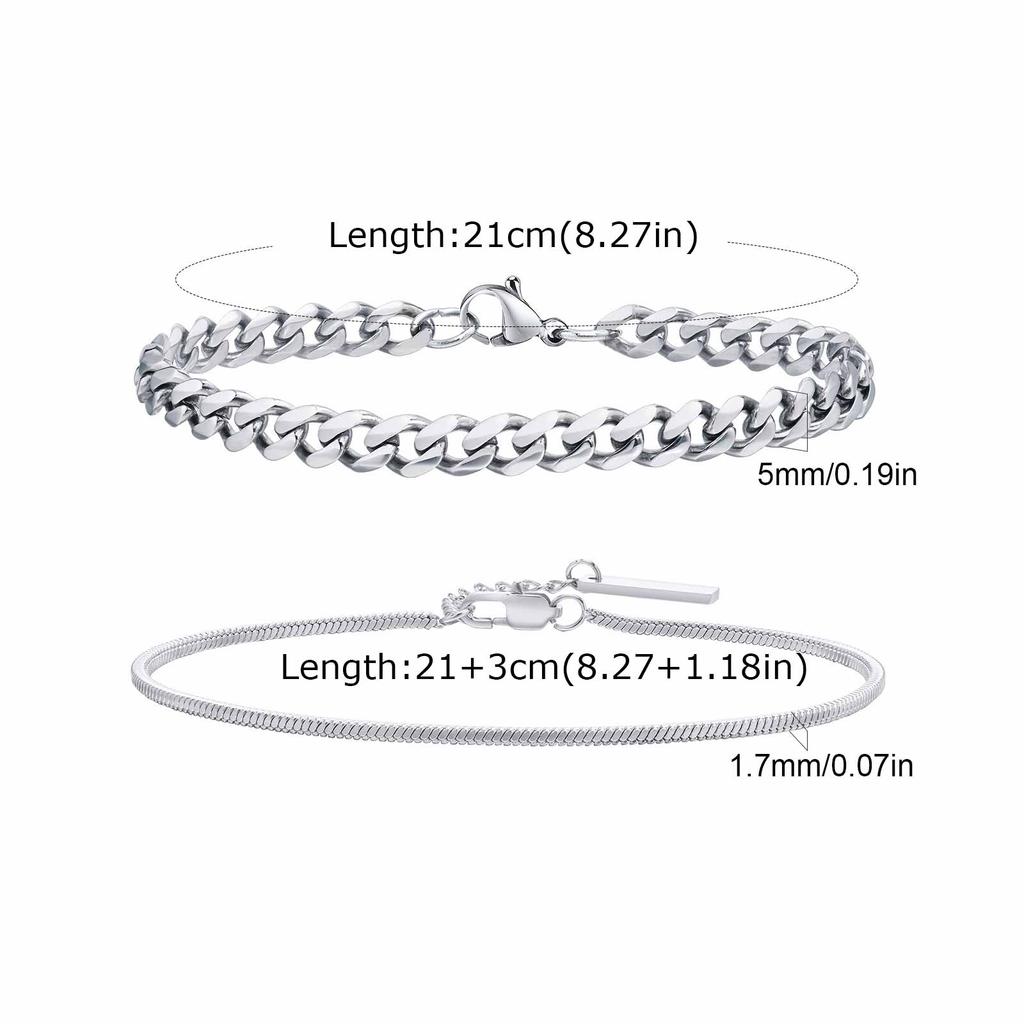 Vnox 2pcs/Set Cuban Figaro Rope Snake Chain Bracelet Set for Men Boys, Gold Black Silver Color Stainless Steel Wristband Jewelry